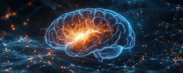 Obraz premium Digital illustration of a human brain with glowing neural network connections and vibrant electric impulses symbolizing brain activity and intelligence