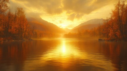 Fototapeta premium Golden Autumn Sunset over a Calm River