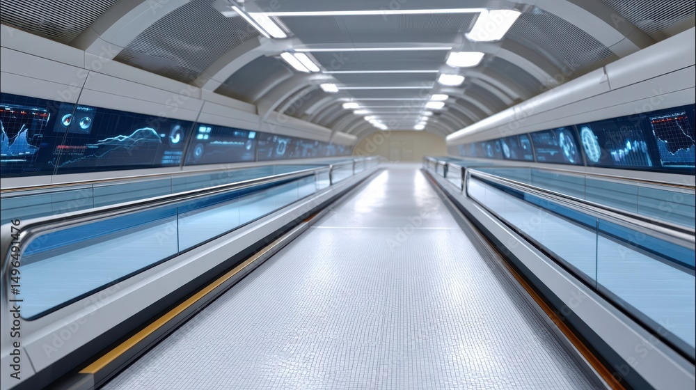 Poster futuristic transportation hub with data visualization and moving walkways