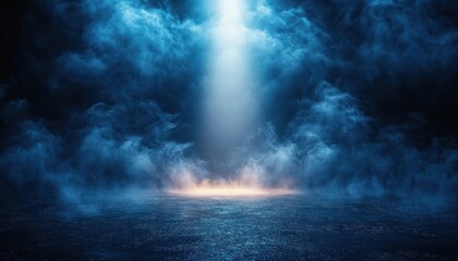 Fototapeta premium Spotlight shining through thick blue smoke over dark reflective surface creating mysterious atmospheric scene