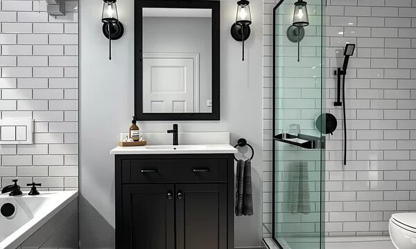 Compact Modern Bathroom Featuring Dark Vanity, Framed Mirror, and Black Hardware with White Subway Tiles