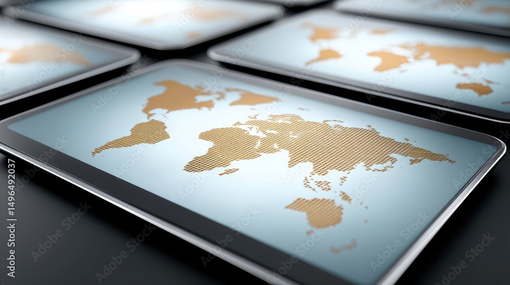 Poster global technology: digital world map on multiple tablet devices