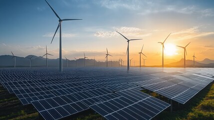 Large solar panel array and multiple wind turbines in a field during sunset with mountains in the background showcasing renewable energy sources