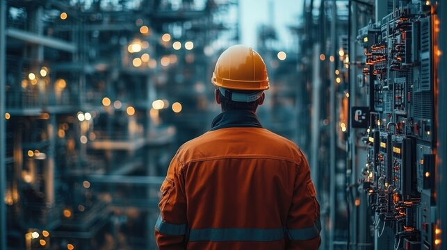 Worker in orange safety jacket and yellow hard hat inspecting complex industrial electrical control systems at dusk with blurred lights in background