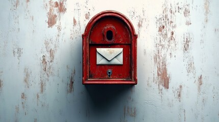 Old red mailbox mounted on a weathered white wall holding a single envelope inside, evoking nostalgia and simplicity