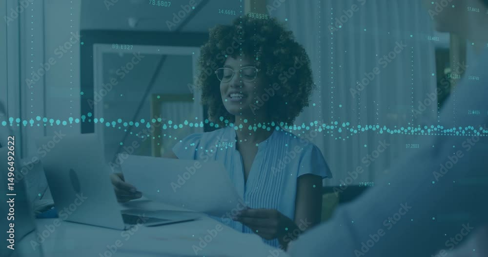 Aufkleber businesswoman glancing at report initiating data waveform overlay while highlighting key insights