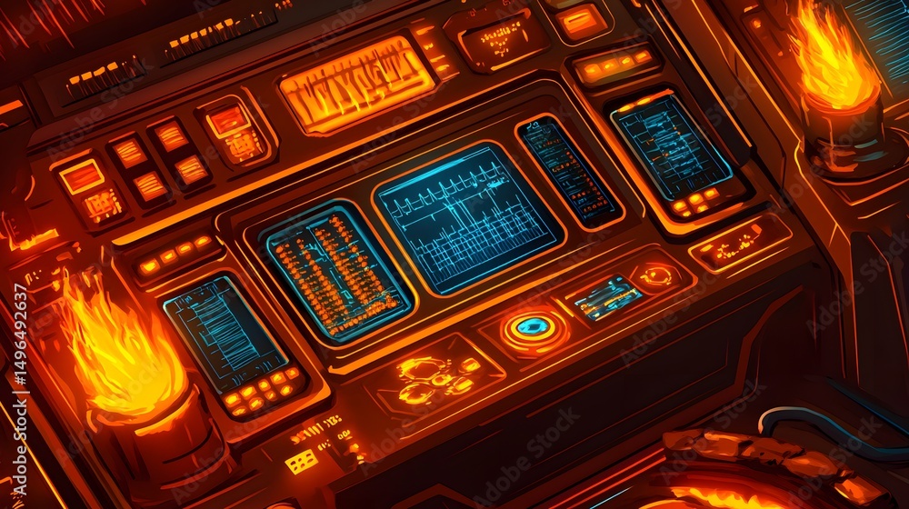 Poster close-up view of a futuristic control panel with glowing elements.