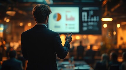 Business professional giving a presentation with data charts on large screens to an audience in a modern conference room