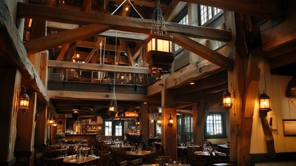 Maritime dockside restaurant with wooden beams and lanterns