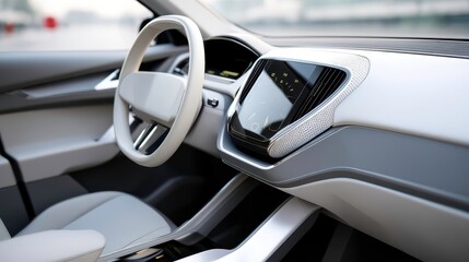 Modern Electric Car Interior Design with Dashboard and Steering Wheel