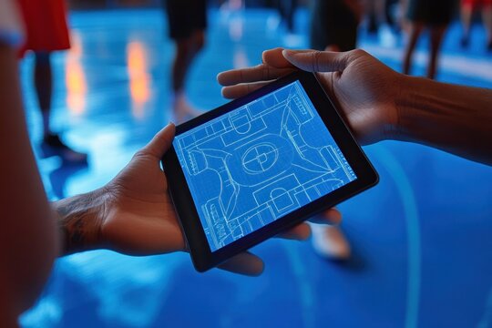 Two people holding a tablet displaying a digital blueprint of a basketball court in a gym setting with blurred figures and blue lighting in the background