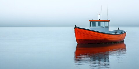 Fototapeta premium Solitary Orange Fishing Boat on Calm Water