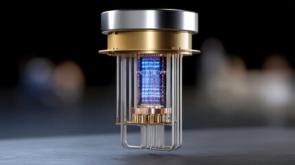 Quantum Computing Processor, Advanced Technology, Futuristic Innovation. State-of-the-art quantum computer hardware for scientific research and high performance computation.