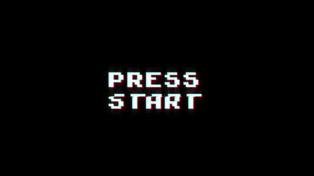 press start 8-bit pixel text animation with dynamic glitch distortion effect. dynamic motion video game black green screen. press started starting