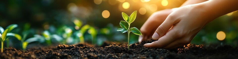 Close-up of hands gently planting a small green seedling in nutrient-rich soil with soft sunlight and green blurred background evoking care and growth