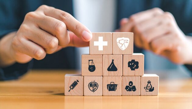 Hands building a pyramid of wooden blocks with healthcare and medical icons