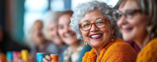 Group of smiling elderly women enjoying social time together with colorful coffee cups indoors
