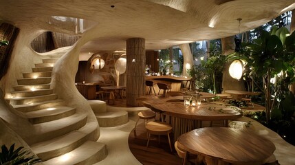Fototapeta premium Eco-seafood cafe with sustainable materials and natural tones