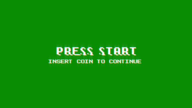 press start insert coin to continue 8-bit pixel text animation with dynamic glitch distortion effect. dynamic motion video game black green screen.