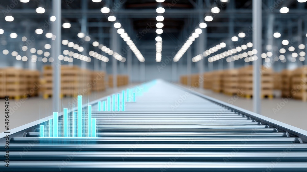Poster warehouse automation technology: conveyor belt with data analytics. supply chain optimization.