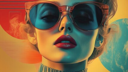 Close-up portrait of a confident woman wearing large sunglasses with bold red lipstick and a stylish striped high-collar outfit against a vibrant abstract colorful background
