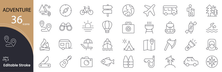 Adventure related icons set. Including hiking, camping, mountain, exploration, backpack, nature, and travel. Editable stroke. outline icons. © Icon Fusion 