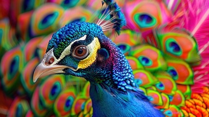 Obraz premium Close-up of a beautiful peacock with vibrant, iridescent feathers on display.