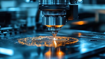 Close-up of a high-precision industrial laser cutting machine engraving intricate circular patterns on a metallic surface with bright orange sparks and cool blue ambient lighting