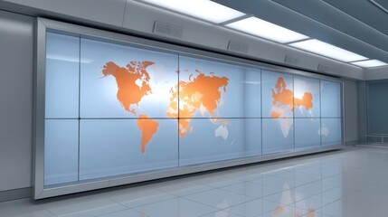 World Map on Video Wall Display in Modern Office, Global Business Concept, Technology Innovation