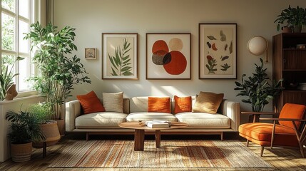 Bright and cozy living room with beige sofa, orange cushions, abstract botanical wall art, wooden coffee table, and various green potted plants illuminated by natural sunlight
