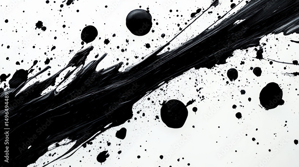 Poster dynamic black paint splashes and streak on white background creating energetic abstract composition