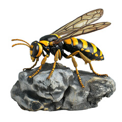 Close up of a detailed wasp model perched on a rock showcasing intricate features and vibrant colors, close up side view wasp ,