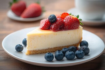 Creamy slice of cheesecake topped with fresh strawberries and blueberries served on a white plate with additional blueberries around it