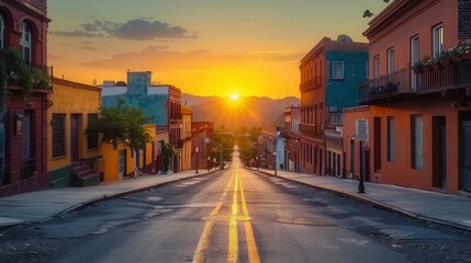 Beautiful sunset over a vibrant town, illuminating the colorful buildings on the main street.