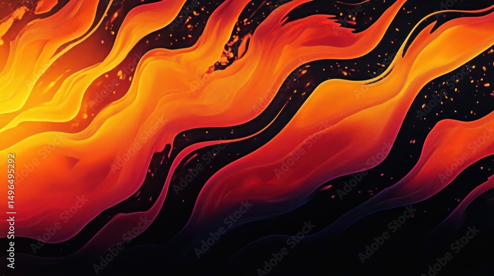 Poster abstract vibrant flowing waves of orange and red colors resembling fire flames against a dark backgr