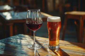 Naklejka premium Wine glass with red wine and foamy beer on a wooden table, blurred background. Perfect for restaurant menus, party invites, or advertising happy hour.