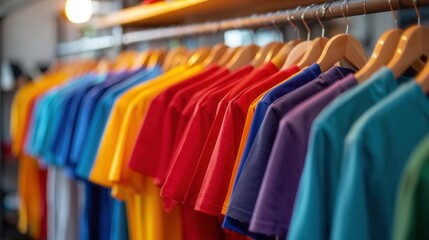 Obraz premium Rows of vibrant t-shirts in multiple colors hanging neatly on wooden hangers in a clothing store.