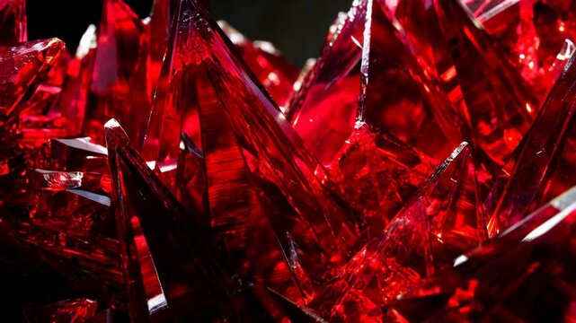 Close up of vibrant bright red ruby crystals forming sharp angular shapes, showcasing intricate facets and dark contrasting backdrop