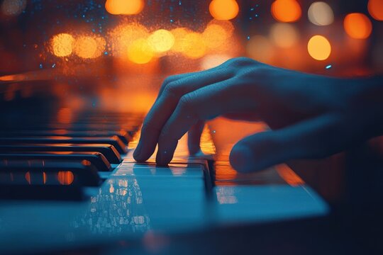 close-up of a hand playing piano keys with warm blurred lights in the background creating a cozy and intimate atmosphere - Powered by Adobe