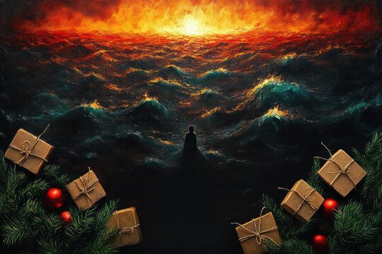Silhouette of a person standing alone at the edge of a dark, stormy ocean with intense fiery sunset and wrapped gift boxes with pine branches and red ornaments in the foreground - Powered by Adobe