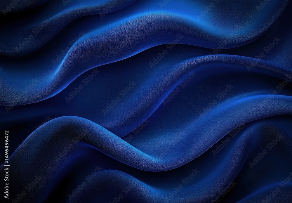 Poster close-up of smooth, flowing dark blue silk fabric with soft waves and subtle highlights creating a c