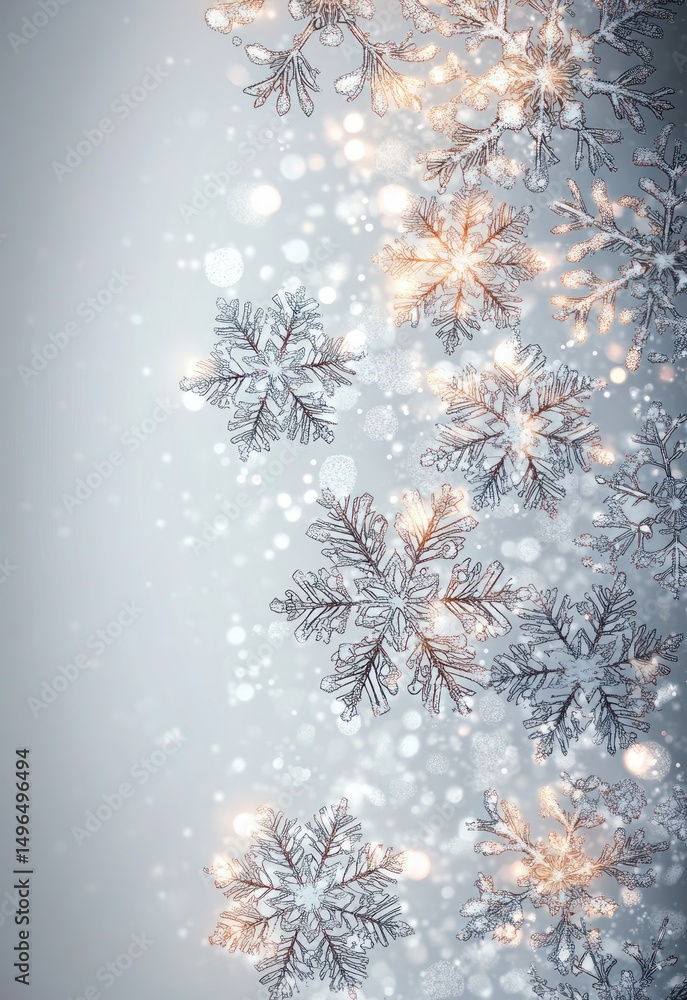 Poster close-up of delicate frosted snowflakes with sparkling lights on a soft blue background creating a m