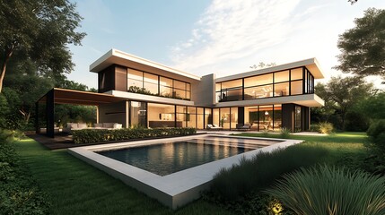 Fototapeta premium Modern house with a swimming pool and landscaping.