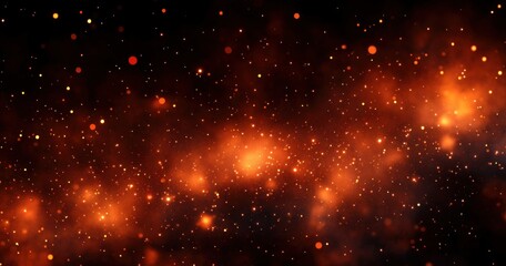 Fototapeta premium Bright orange and yellow glowing particles and dust scattered against a dark black background creating a warm, fiery, and dynamic atmosphere