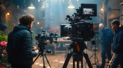 Fototapeta premium Film crew in action, setting up cameras on a movie set to capture a dynamic scene.