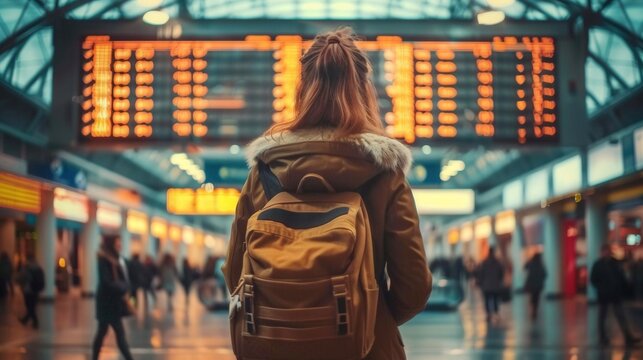 A woman observes the information board at a busy train station, ready for her next journey.