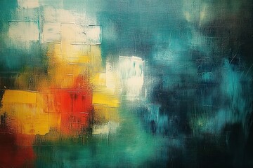 abstract oil painting with bold patches of yellow, orange, red, white, and teal blending with textured dark blue and green background conveying depth and dynamic energy