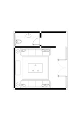 Top View 2D Floor Plan  and Furniture Layout of a Guest Room with Toilet. Lines Black on White Background. 9