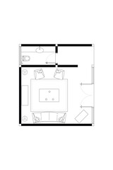 Top View 2D Floor Plan  and Furniture Layout of a Guest Room with Toilet. Lines Black on White Background. 8