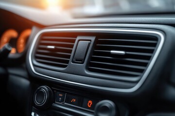 Naklejka premium Close-up of a modern car dashboard air vent with black control knobs and glowing orange indicator lights, illuminated by warm sunlight